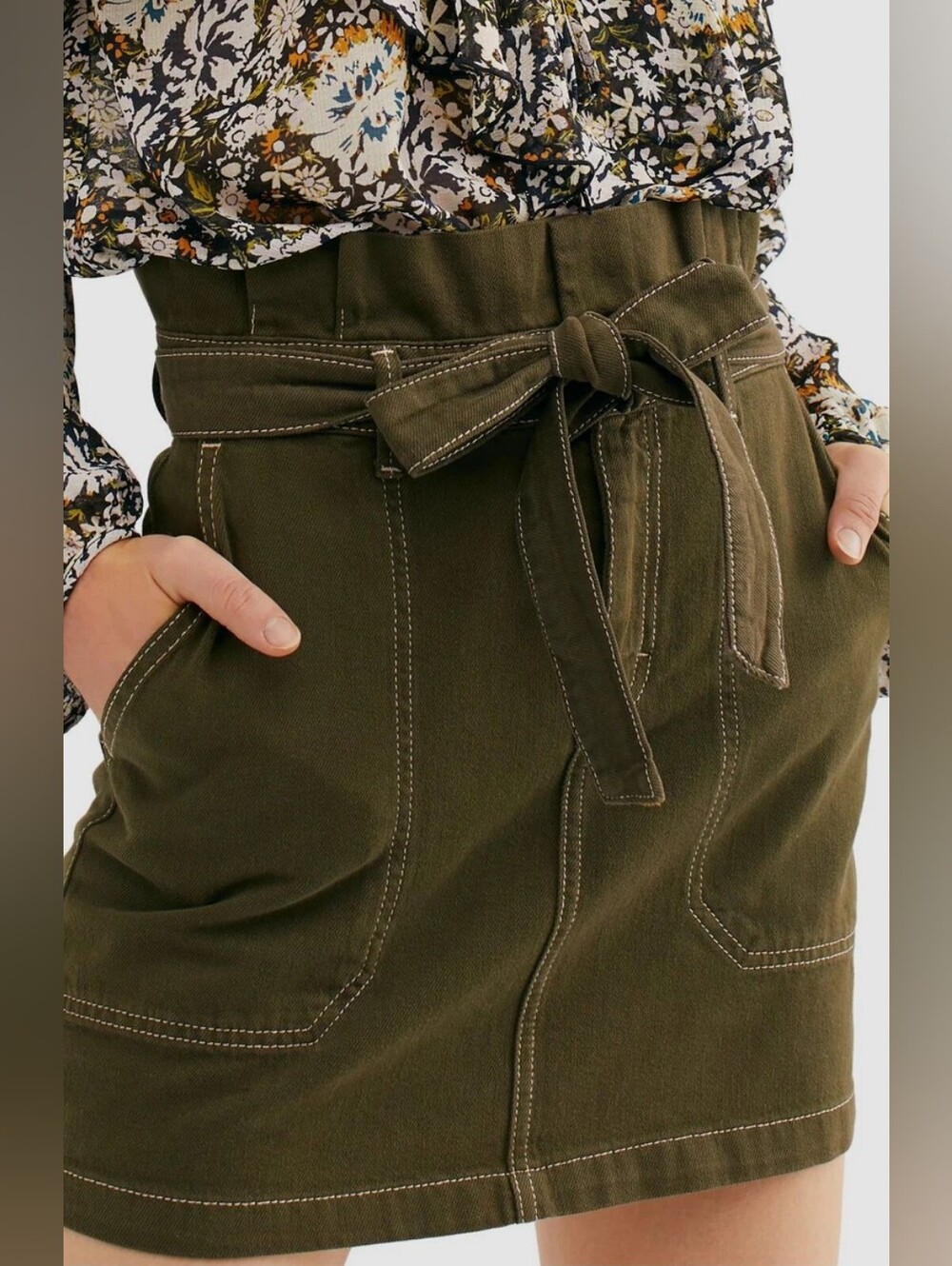Free People Splendor In The Grass Mini Skirt Green Paperbag Waist Sz 2 Fall